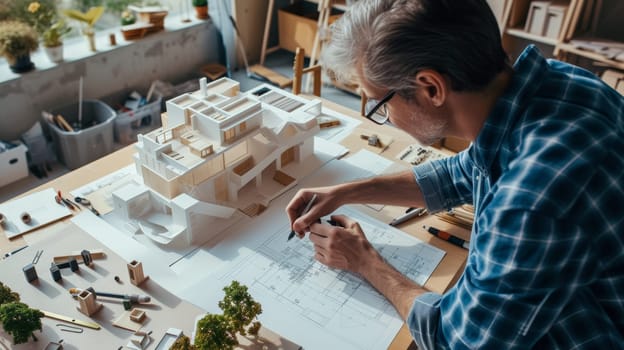 Concentrated architect constructing a detailed model house in office