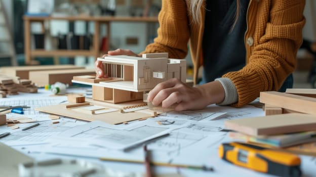 Concentrated architect constructing a detailed model house in office