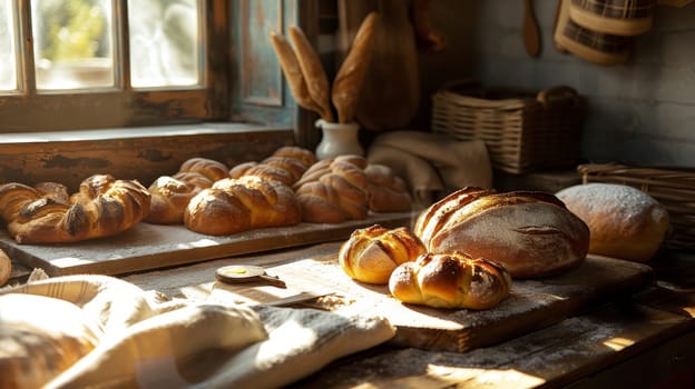 A rustic display of various freshly baked artisanal bread in a bakery