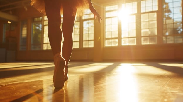Graceful ballerina practicing dance moves in a sunlit dance studio