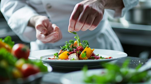 Close-up of a chef's hands carefully adding greens to a vibrant gourmet salad on a plate
