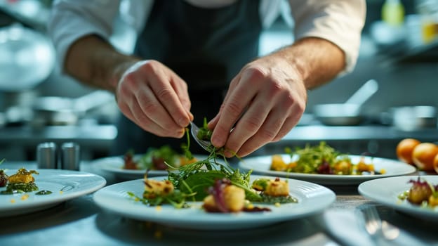 Close-up of a chef's hands carefully adding greens to a vibrant gourmet salad on a plate