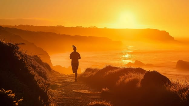 Silhouette of a jogger running along a coastal path with the sunrise over the ocean