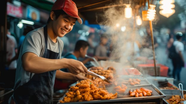 Street food vendor in a bustling night market serving traditional fried dishes