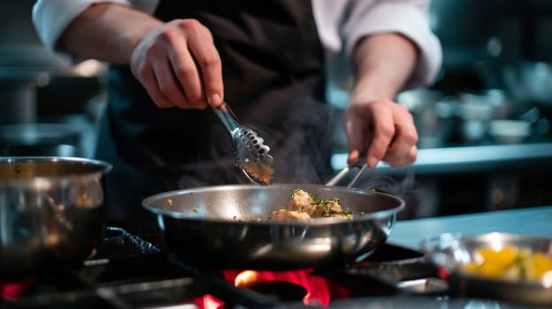 Professional chef meticulously plating a gourmet dish with precision and care