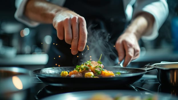 Chef's hands skillfully preparing a gourmet dish in a pan, amidst the ambiance of a professional kitchen