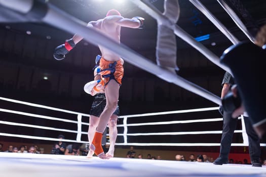 A man in a boxing ring is about to fall. The crowd is watching the match. Scene is intense and suspenseful