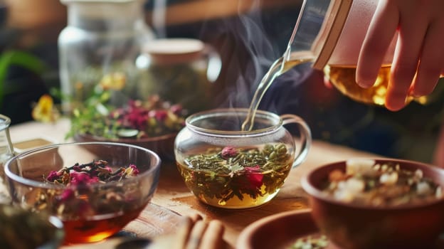 Pouring steaming herbal tea into a cup surrounded by fresh herbs and warm light