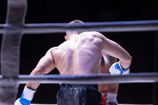 A man is boxing in a ring with his back to the camera. The man is wearing a blue glove