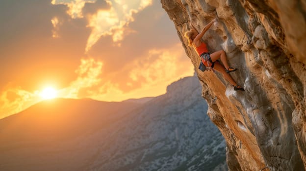 Climber ascending a steep rock face with the warm glow of the sunset in the background