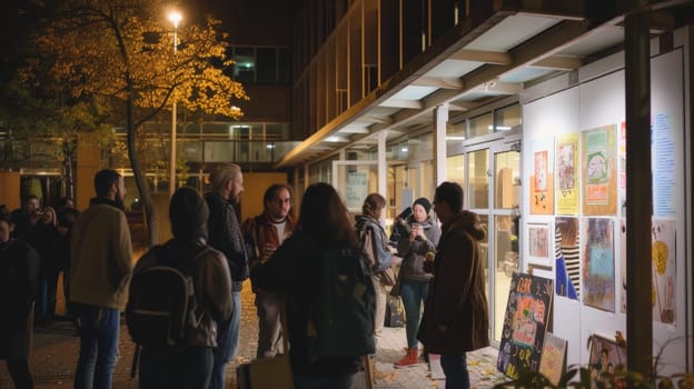 People gathering around an outdoor art exhibition on a city street at night under warm lighting