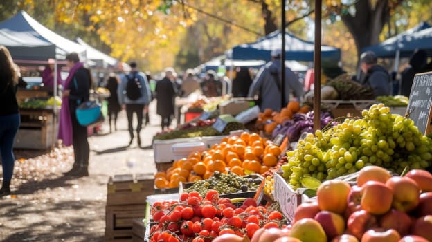 Vibrant display of fresh produce at a bustling farmers market