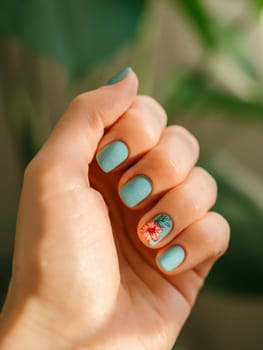 Aesthetic visual of fingernail with short nail with blue teal manicure with reverse stamping summer tropical flower. Nail closeup with stylish pink flower in reverse stamping nail art design manicure