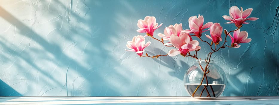 pink magnolia flowers in a glass vase on the white table. Summer concept. Contrast shadows on the pastel blue wall. Country style. Mockup template. space for copy.