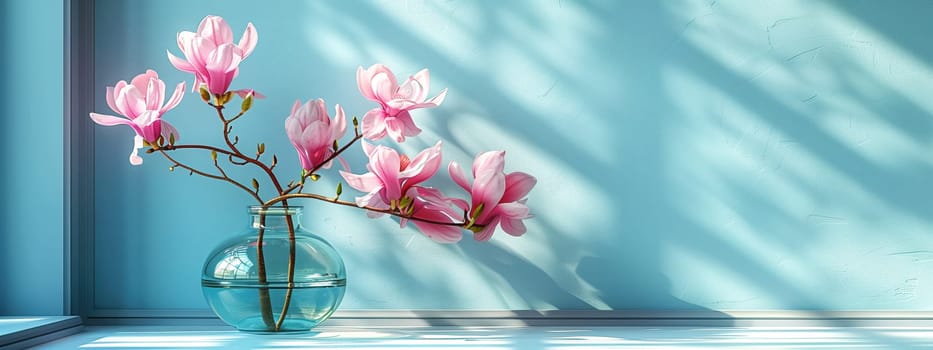 pink magnolia flowers in a glass vase on the white table. Summer concept. Contrast shadows on the pastel blue wall. Country style. Mockup template. space for copy.