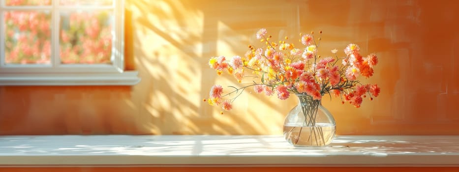 Bouquet of wildflowers in a small glass vase on the white table. chamomiles, cornflowers, green grass. Summer concept. Contrast shadows on the pastel yellow wall. Country style. Mockup template. space for copy.