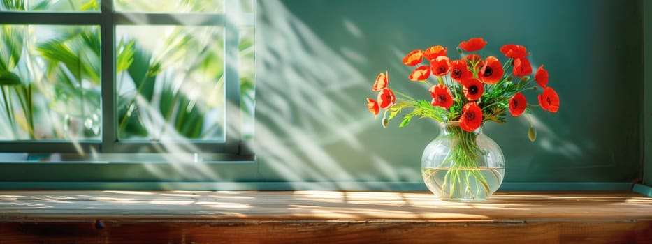 Bouquet of red poppies in a glass vase on the table. Summer concept. Contrast shadows on the pastel green wall. Country style. Mockup template. space for copy.