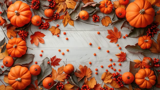 Autumn background decoration from dry leaves and pumpkin on white wooden background. Flat lay, top view for Autumn, fall, Thanksgiving concept.