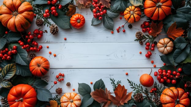Autumn background decoration from dry leaves and pumpkin on white wooden background. Flat lay, top view for Autumn, fall, Thanksgiving concept.