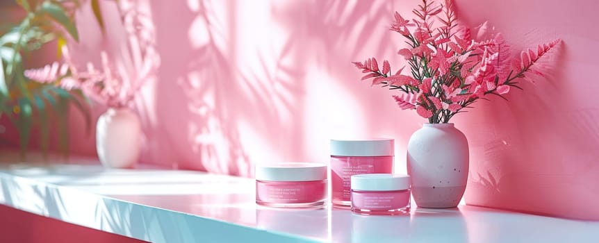 Cosmetic Composition. Beautiful pinkcolor cosmetic skincare makeup containers standing on white table. On the wall reflects the sunlight and shadows. Women make up concept. Copy space.