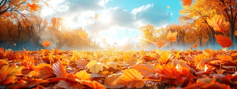 Beautiful autumn landscape with falling yellow leaves covering the ground. The blue sky and the warming sun. Natural autumnal concept. Advertising presentation with space for copy.