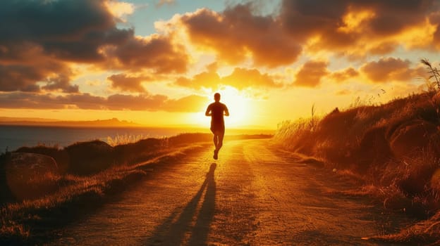 Runner on a coastal path with a vibrant sunset over the sea horizon