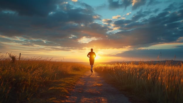 Runner on a coastal path with a vibrant sunset over the sea horizon