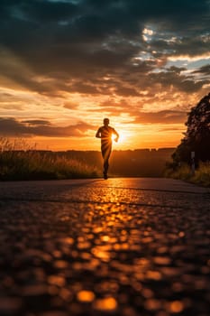 Backlit silhouette of a runner on a path during a breathtaking sunset