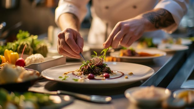 Close-up of a chef's hands putting final touches on an elegant plate