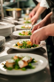 Close-up of a chef's hands putting final touches on an elegant plate