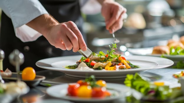 Close-up of a chef's hands putting final touches on an elegant plate