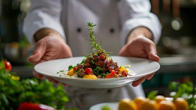 Chef presenting a gourmet dish, featuring grilled meat, colorful vegetables, and garnish