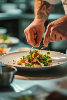 Tattooed chef meticulously adding garnish to a colorful gourmet dish in a professional kitchen