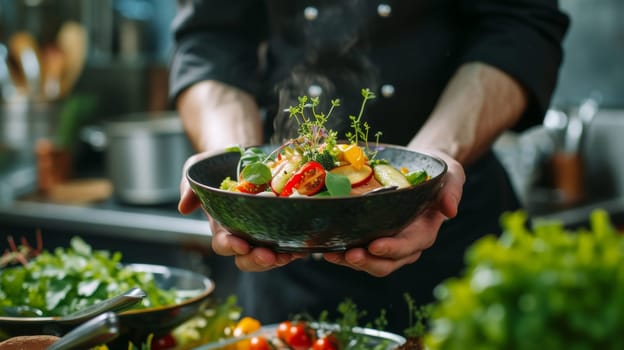 Chef presenting a gourmet dish, featuring grilled meat, colorful vegetables, and garnish