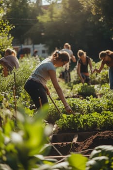 Volunteers working together to plant in a vibrant city garden