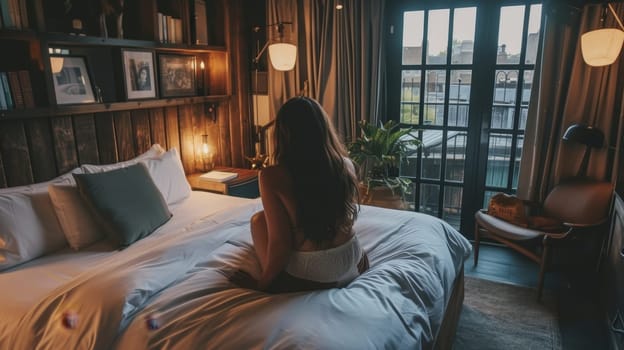 Peaceful moment as a woman looks out to a cityscape from a modern bedroom with warm lighting