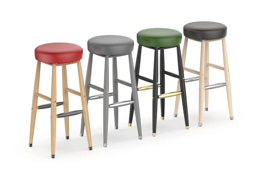 Row with four different wooden bar stools on a white background