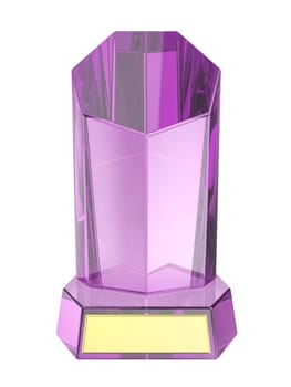 Purple obelisk crystal trophy on white background, front view