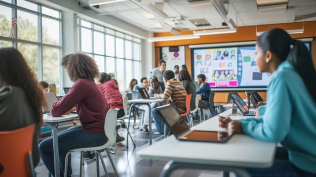 Classroom filled with students using tablets and laptops focused on a digital lecture with a teacher supervising