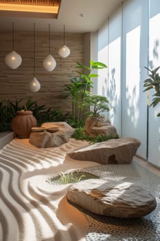Stylish indoor Zen garden with sand patterns, stone pathway, bonsai, and chic pendant lights creating a serene atmosphere