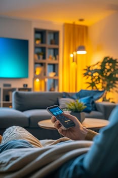 Cozy evening in a modern living room with a person using smartphone, warm lighting, and comfortable furniture