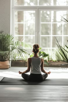 Back view of a woman doing yoga in a room with large windows and abundant indoor plants