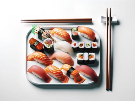 sushi on a white rectangular plate and chopsticks on a white background, flat lay