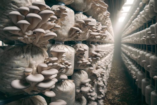 Growing oyster mushroom Pleurotus ostreatus in hanging bags filled with substrate in an indoor farm.
