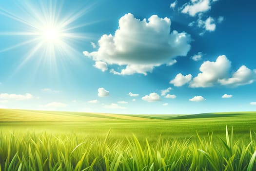 a clear blue sky with a fluffy clouds and a lush green, a sunny summer background.