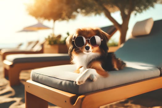 a small decorative breed dog wearing sunglasses, lying on a lounge chair.