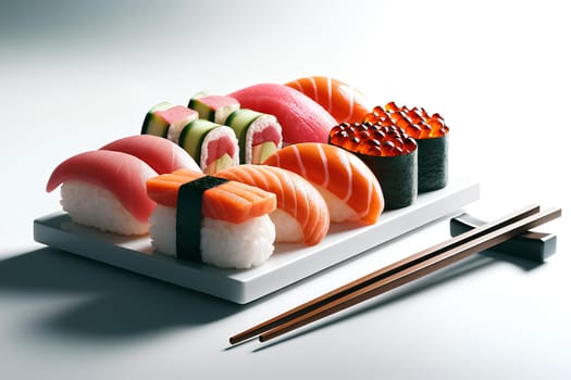 sushi on a white rectangular plate and chopsticks on a white background, close-up