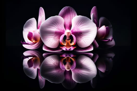 beautiful purple orchid flower on a black mirror surface.
