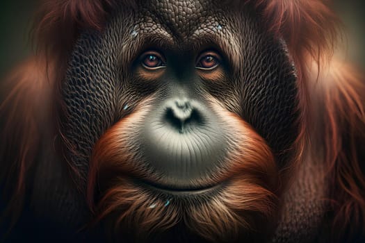 horizontal portrait of an orangutan with thoughtful eyes.