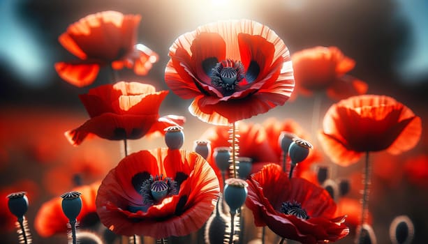 several blooming poppies on a sunny day.
